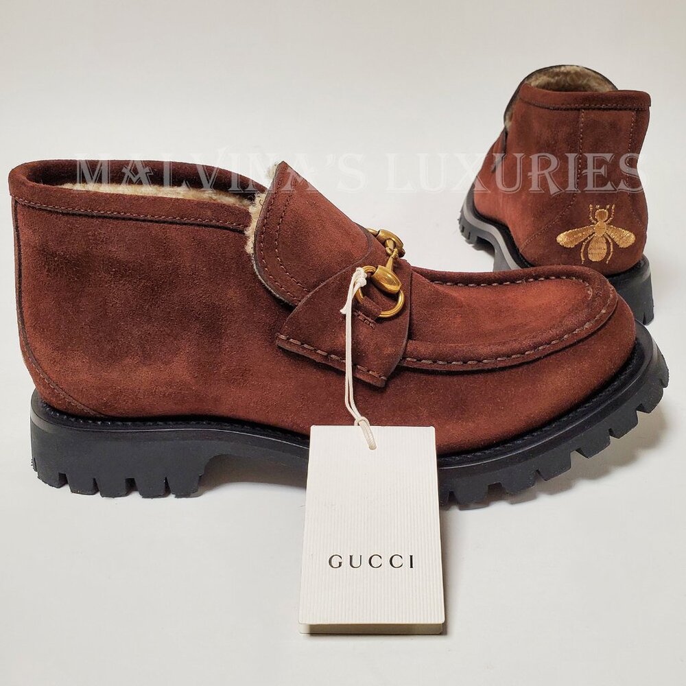GUCCI BOOTS MENS SHEARLING LINED SUEDE HORSEBIT LOAFER SHOES BEE - Picture 14 of 16